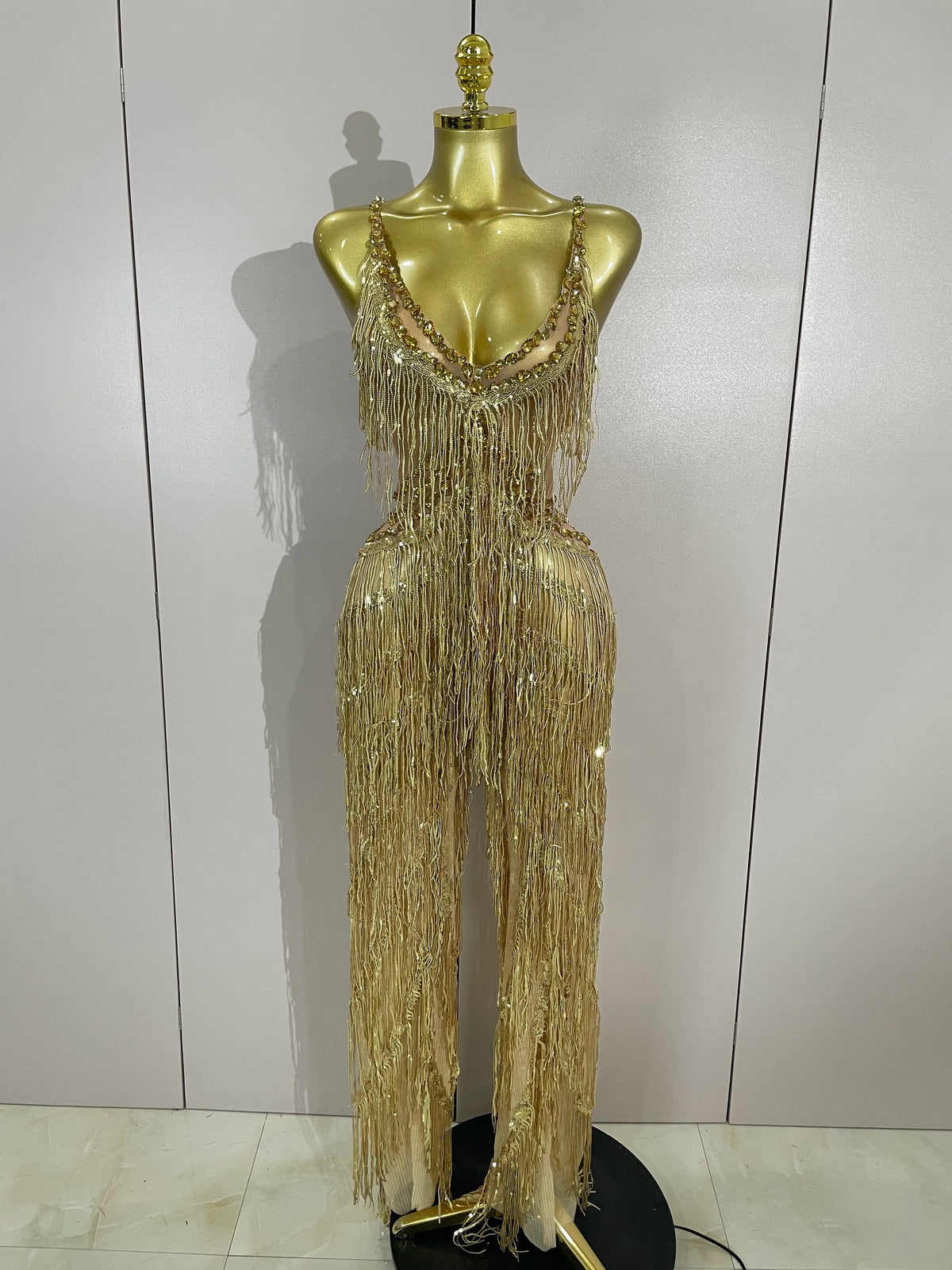 Sparkly Black Rhinestone Fringe Jumpsuit for Women