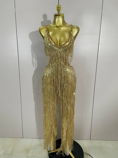 Sparkly Black Rhinestone Fringe Jumpsuit for Women