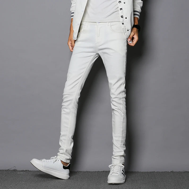 Mens Slim Fit Denim Pencil Pants Black White Stretch Jeans