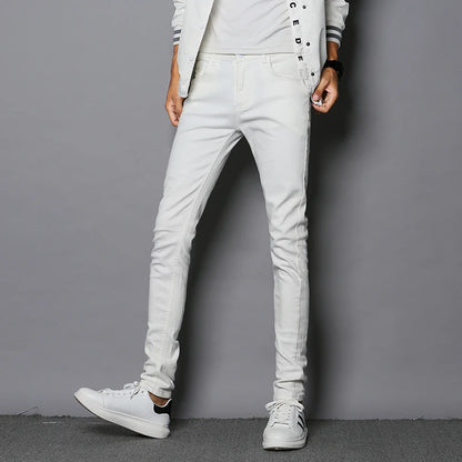 Mens Slim Fit Denim Pencil Pants Black White Stretch Jeans