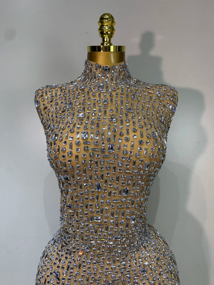 Gold Rhinestone Sleeveless Long Dress for Women