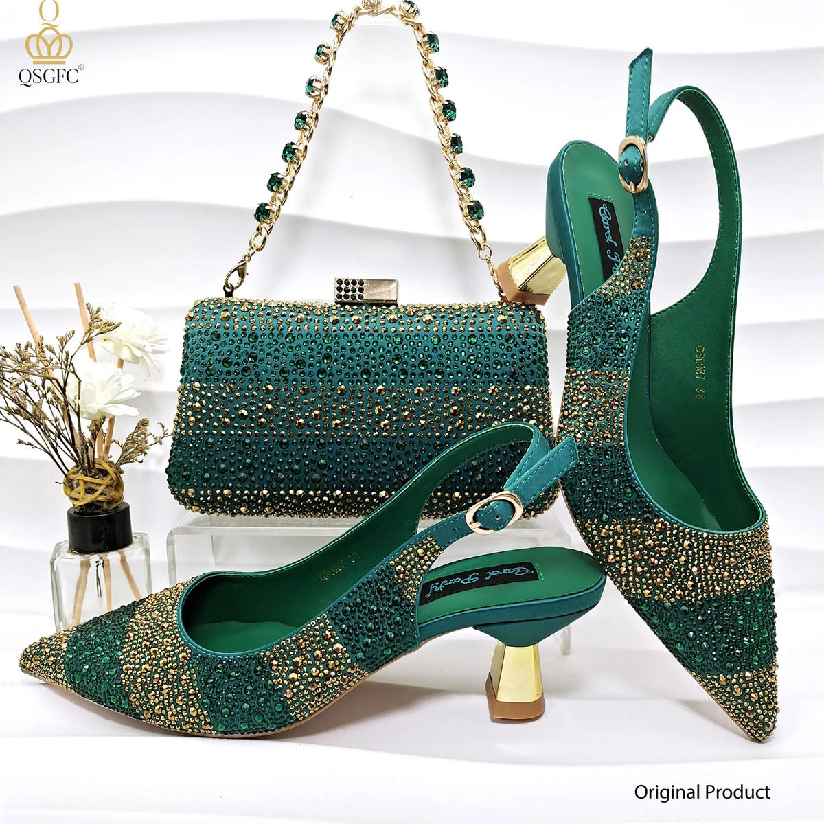 Italian Luxury Green Rhinestone Shoes and Bag Set