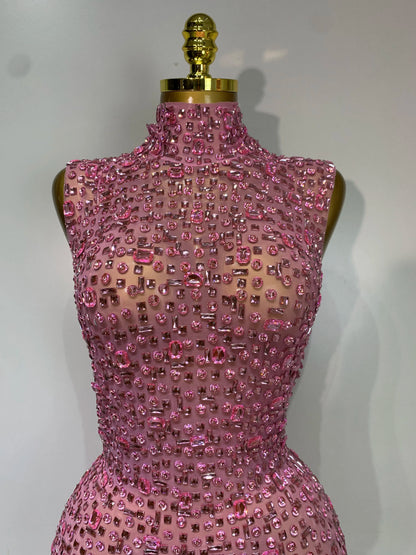 Gold Rhinestone Sleeveless Long Dress for Women