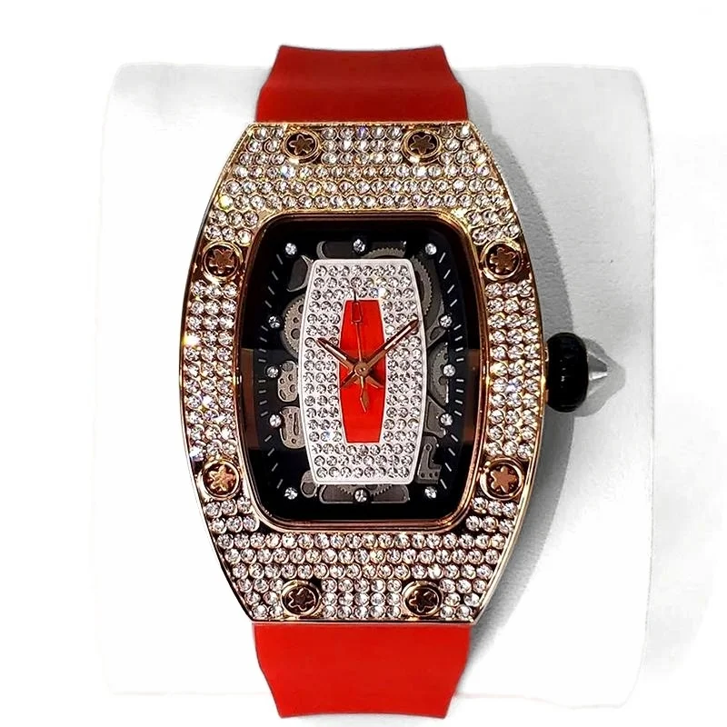 Green Tonneau Quartz Watch for Women with Iced Diamonds