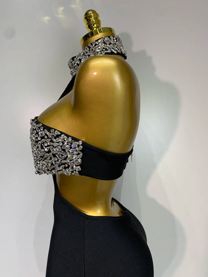 Black Bodycon Bandage Dress with Sparkly Crystals