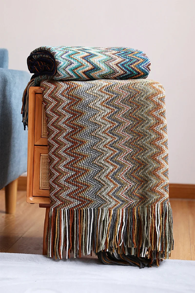 Bohemian Acrylic Hand Knitted Blanket with Tassels