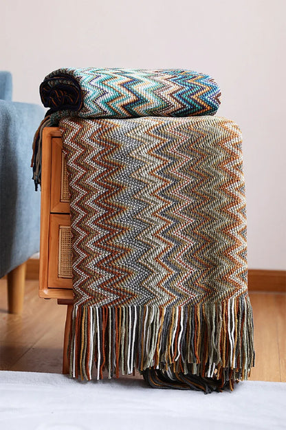 Bohemian Acrylic Hand Knitted Blanket with Tassels