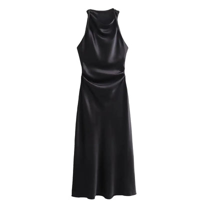 Satin Midi Dress for Women Sleeveless Elegant Evening Dress