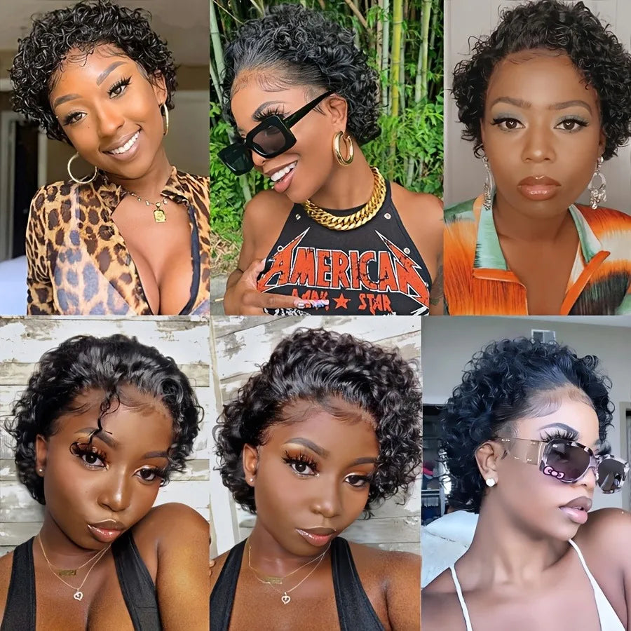 Pixie Cut Curly Lace Front Wig Natural Black 6 Inch