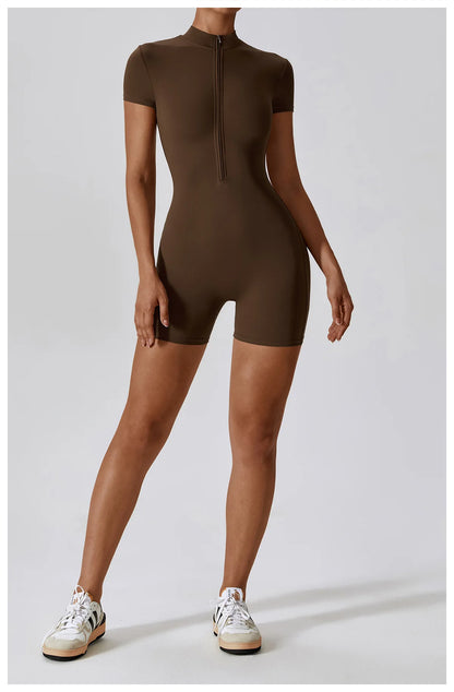 Summer Zipper Short Sleeve Yoga Bodysuit for Women
