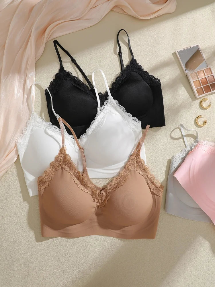 French Lace V Neck Seamless Wireless Bra S-XL