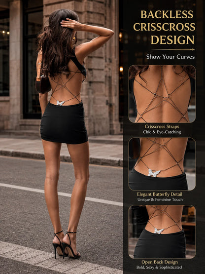 Women Mini Dress High Neck Keyhole Cutout Lace-Up Back
