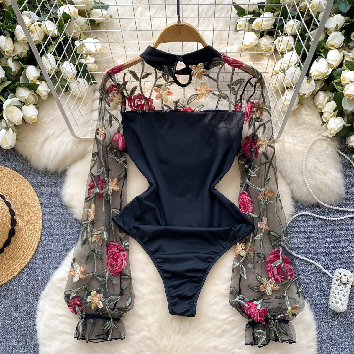 SINGREINY Vintage Embroidery Gauze Bodysuit for Women