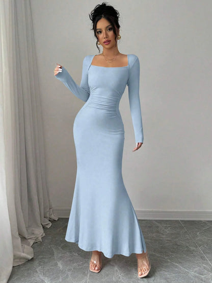 Elegant Retro Solid Color Square Collar Long Sleeve Dress