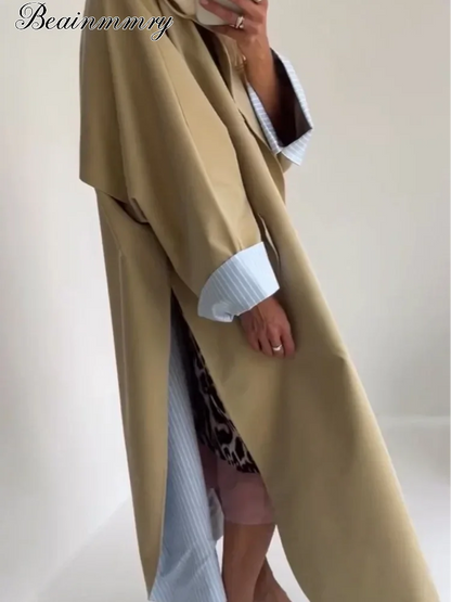 Khaki Long Color-block Stripe Trench Coat for Women