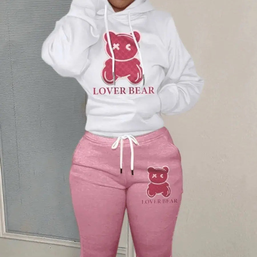 Plus Size Cartoon Bear Print Hooded Sweater Set