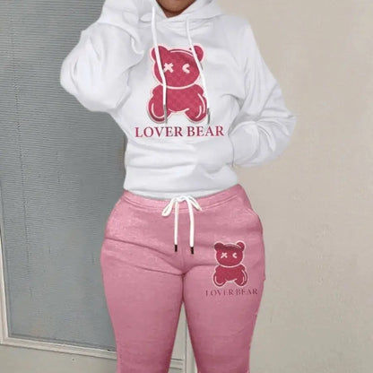 Plus Size Cartoon Bear Print Hooded Sweater Set
