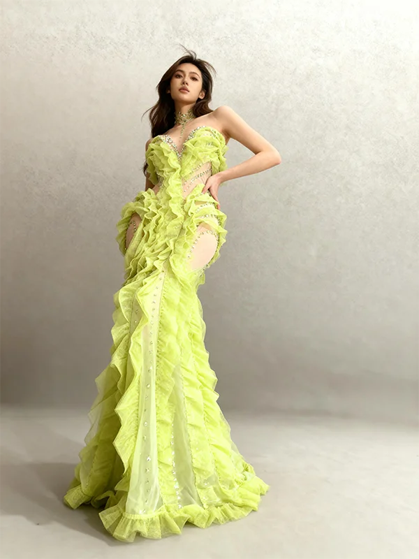 Elegant Green Rhinestones Mesh Maxi Dress