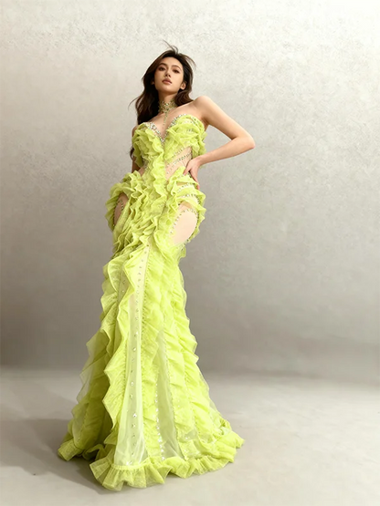 Elegant Green Rhinestones Mesh Maxi Dress