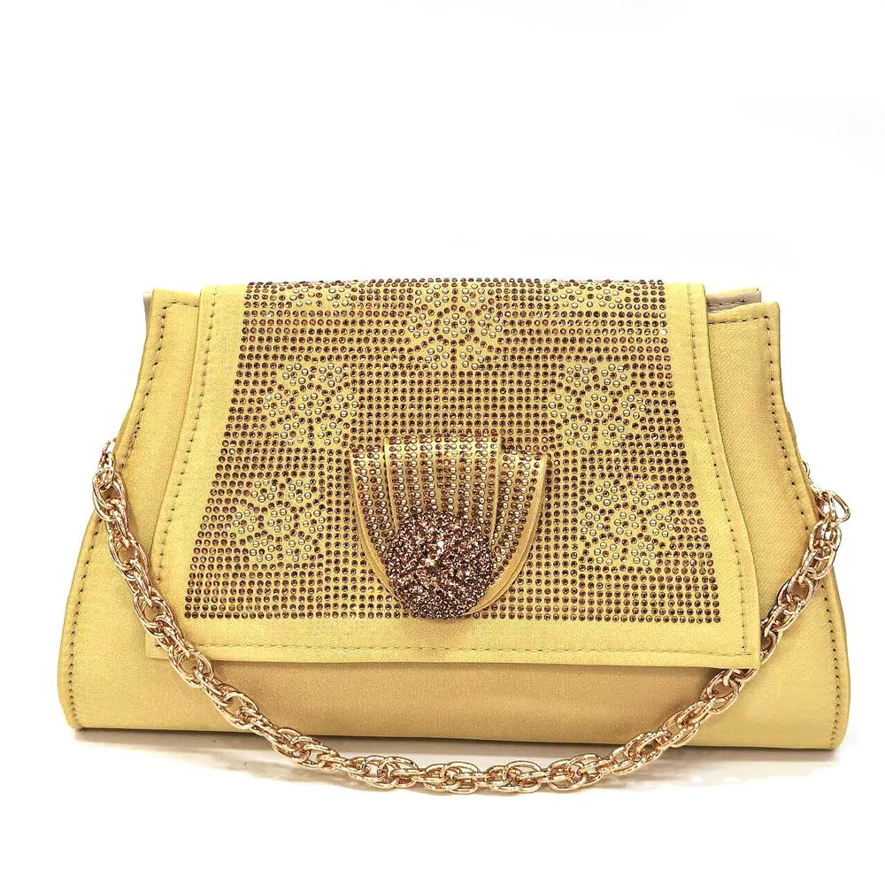 Golden Wedding Shoes And Bag Set With Diamond Decoration
