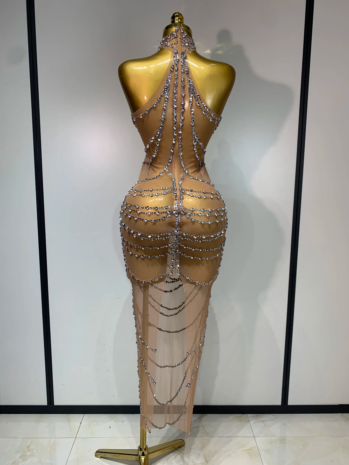 Sparkly Rhinestone Transparent Mesh Long Dress