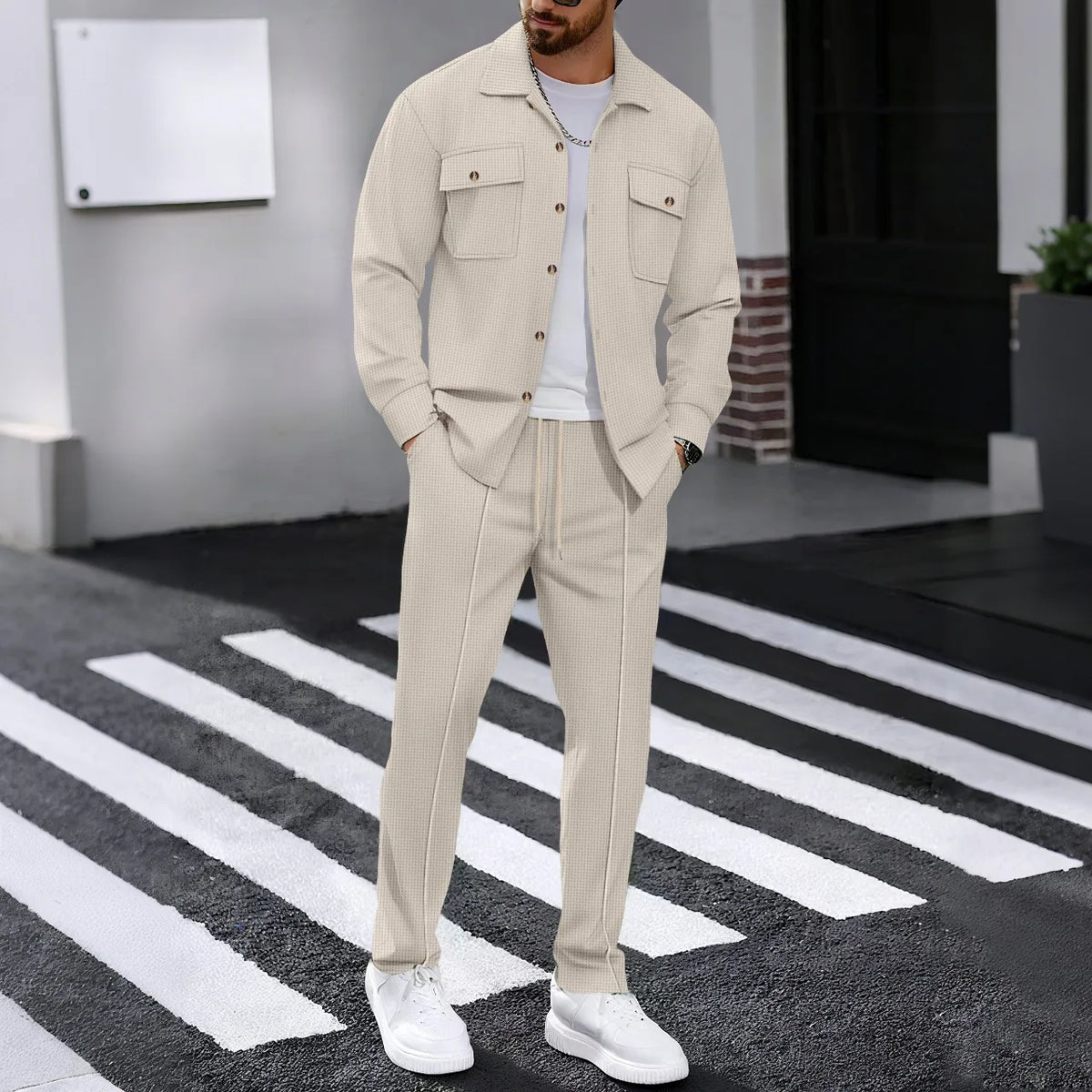 Men's Solid Color Waffle Longsleeved Pants Set