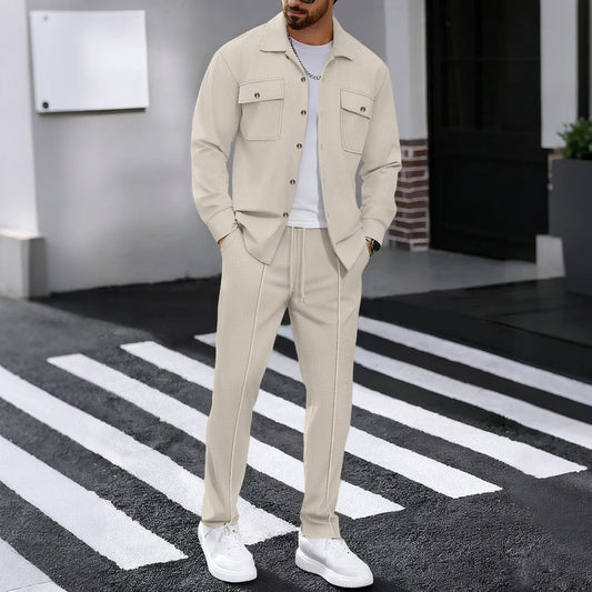 Men's Solid Color Waffle Longsleeved Pants Set