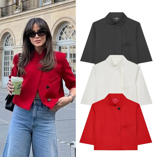 Ladies Short Sleeve Blazer Polyester Stand-up Collar