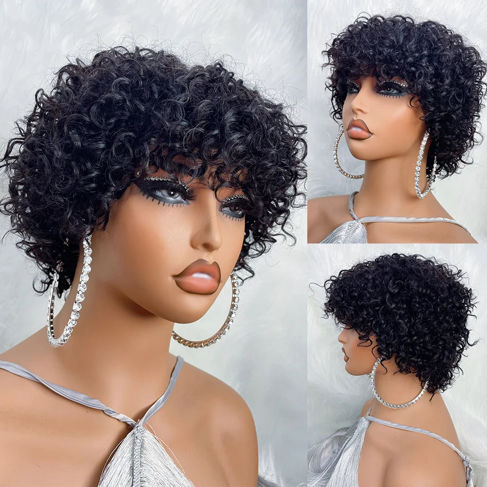 Pixie Cut Afro Curly Human Hair Wig with Bangs