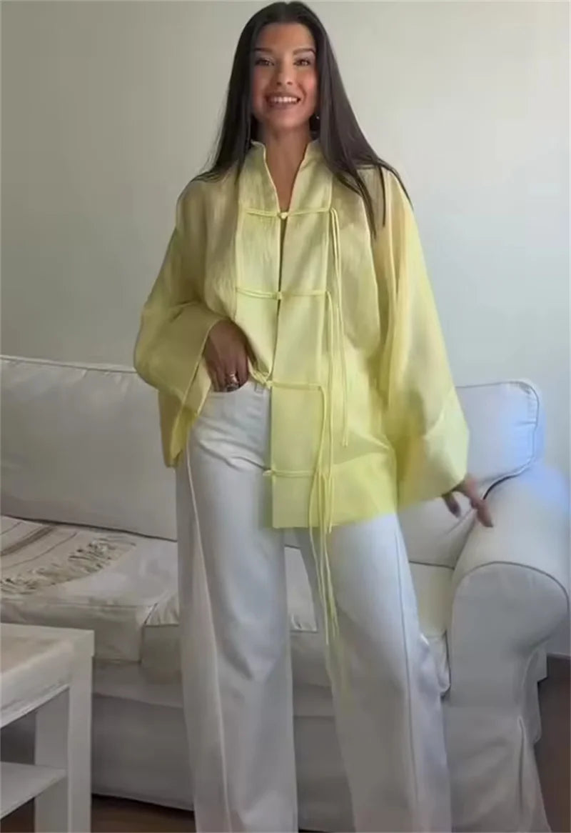 Women's Yellow Long Sleeve Shirt with Knot Decoration