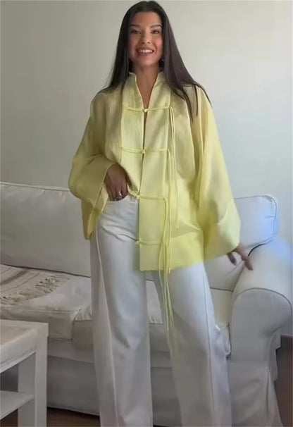Women's Yellow Long Sleeve Shirt with Knot Decoration
