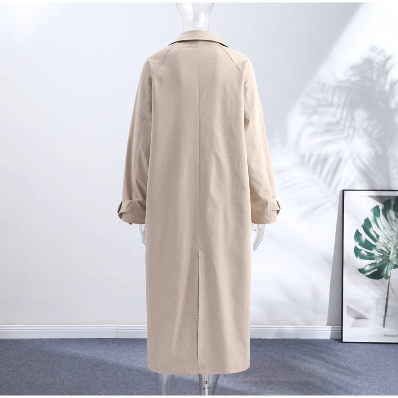 Double-Sided Long Trench Coat for Women with Pockets