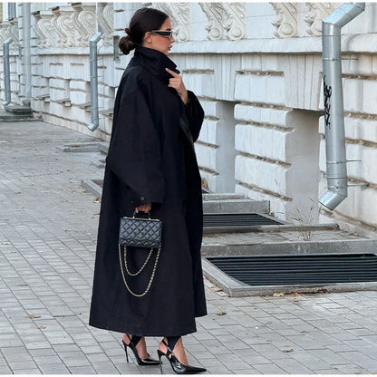Khaki Long Color-block Stripe Trench Coat for Women
