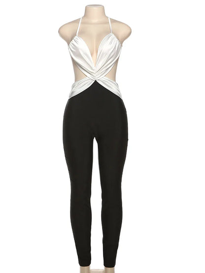 Kliou Women Jumpsuit Backless Silky Skinny Overalls