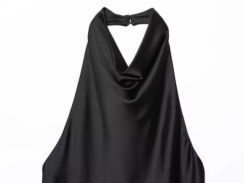 Black Satin Backless Halter Top for Women