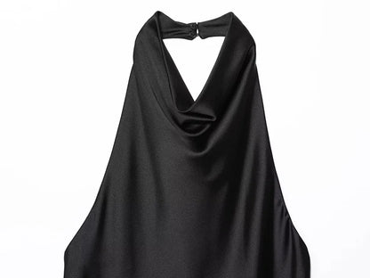 Black Satin Backless Halter Top for Women