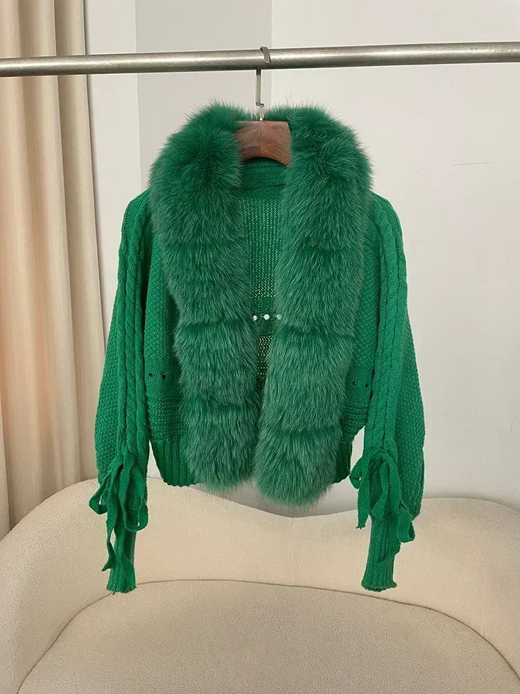 Knitted Cardigan Coat for Women with Real Fox Fur