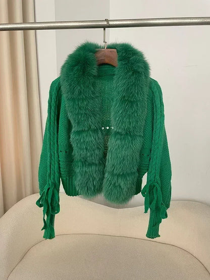 Knitted Cardigan Coat for Women with Real Fox Fur
