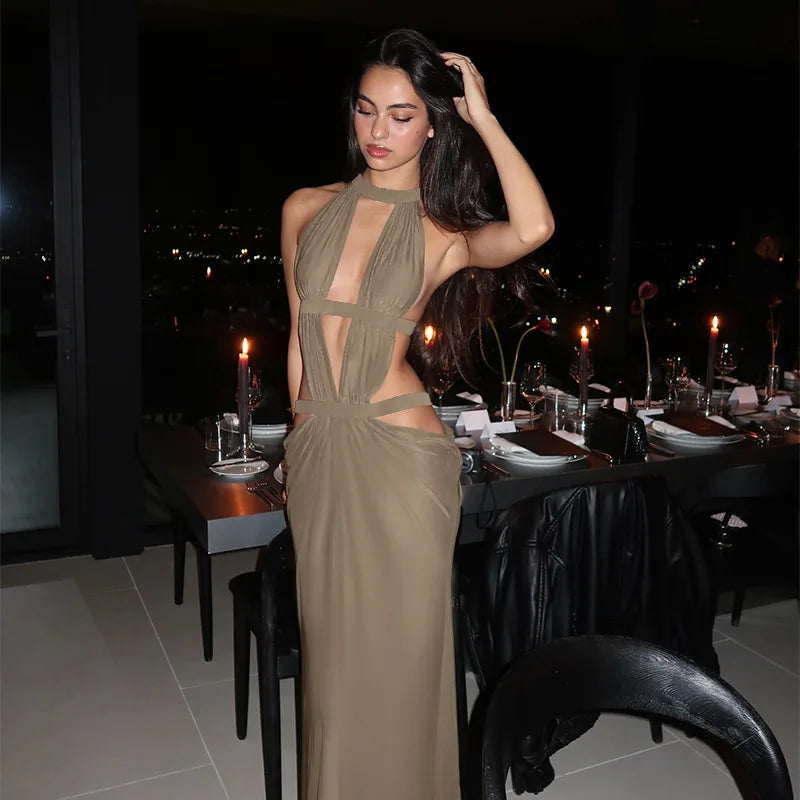 Khaki Halter Cut-Out Maxi Dress for Elegant Parties