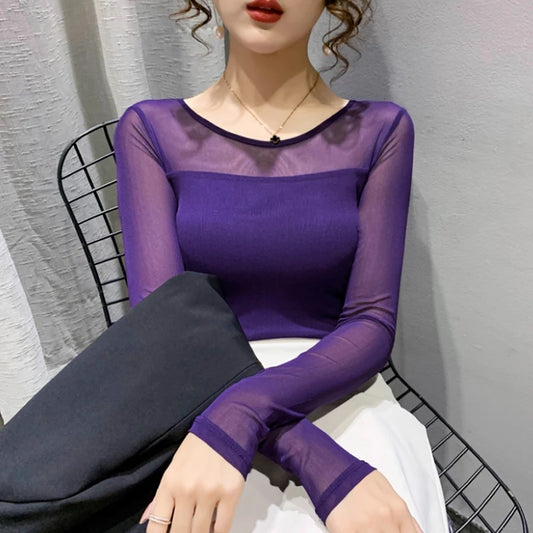 Women Slim Fit Long Sleeve Mesh T-Shirt
