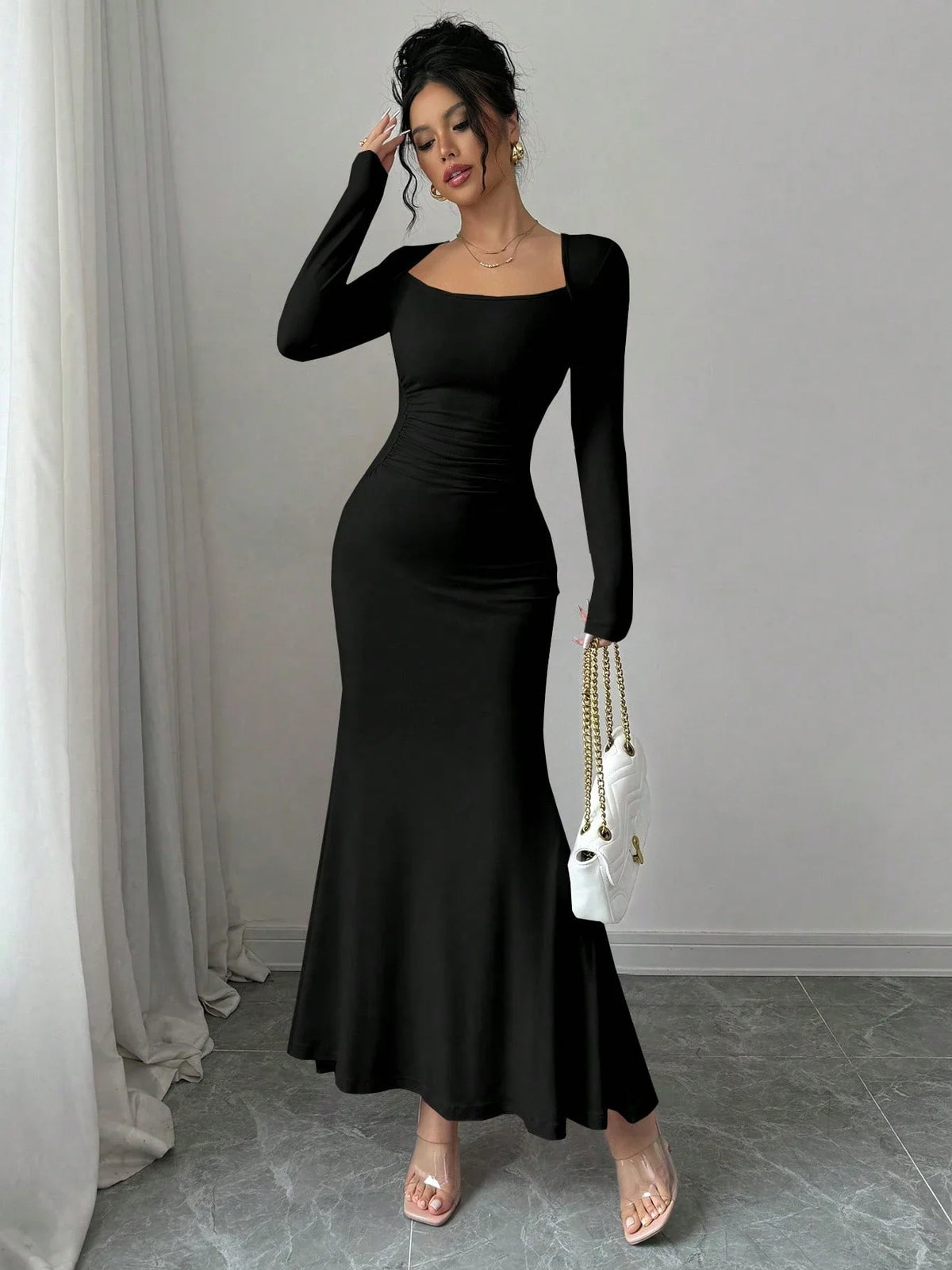 Elegant Retro Solid Color Square Collar Long Sleeve Dress