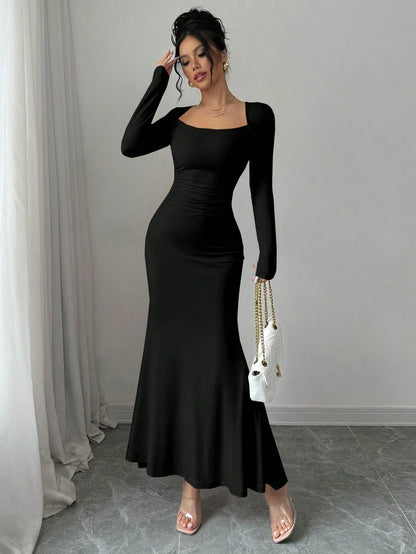 Elegant Retro Solid Color Square Collar Long Sleeve Dress