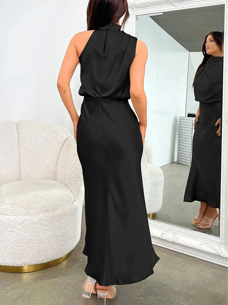 Elegant Silk Satin Sleeveless Long Dress for Women