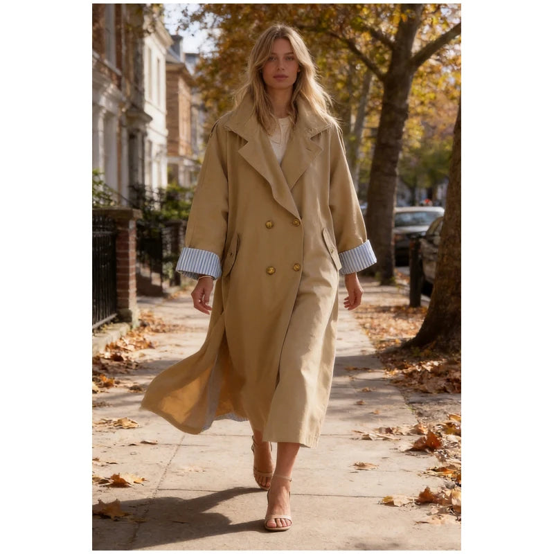 Khaki Long Color-block Stripe Trench Coat for Women