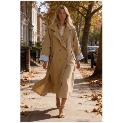 Khaki Long Color-block Stripe Trench Coat for Women
