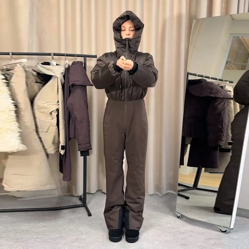 Hooded One-Piece Ski Jumpsuit for Women Windproof Outwear