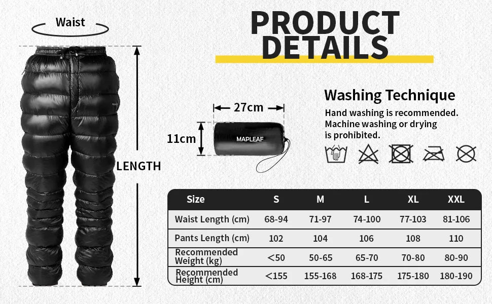 Mapleaf Ultralight Down Pants Waterproof Windproof Ski Trousers