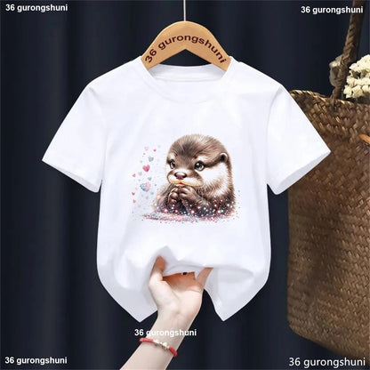 Kawaii Otter Love Printed T-Shirt for Kids