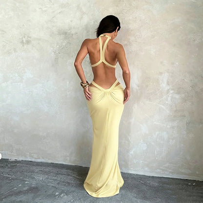 Khaki Halter Cut-Out Maxi Dress for Elegant Parties