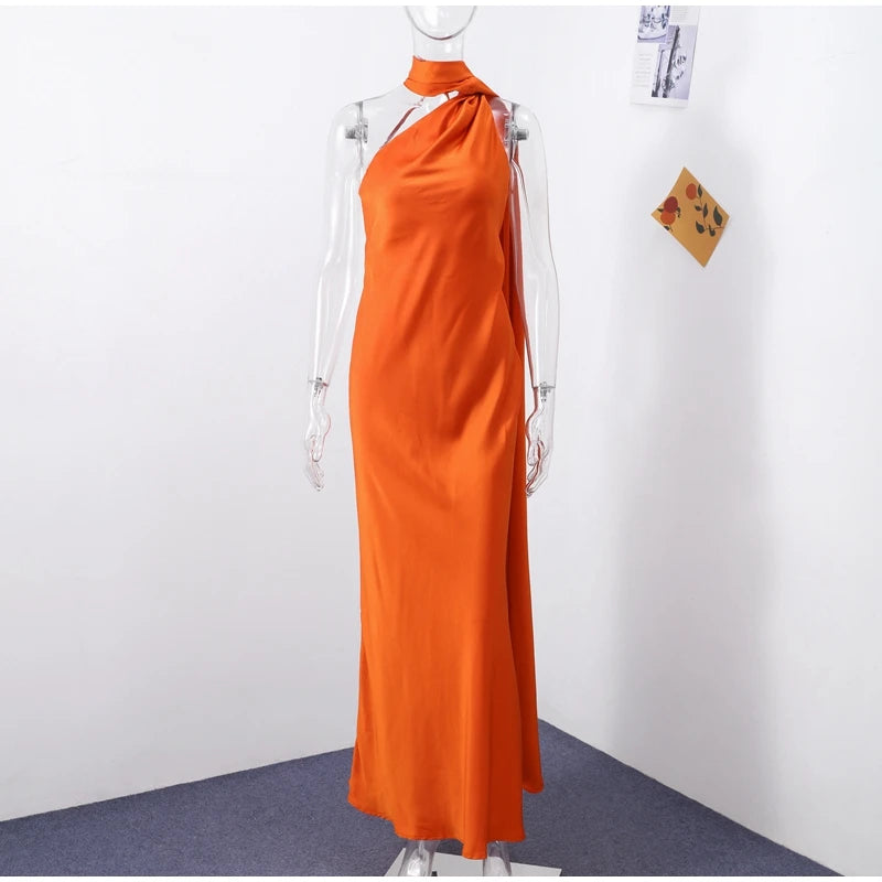 Elegant Halter Dress Women Solid Backless Maxi Dress